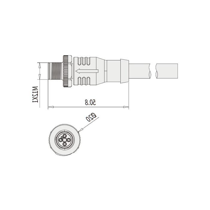 M12 4-PIN T-coded, male straight, single-end precast PUR flexible cable, black sheath, 64TP25-XXX